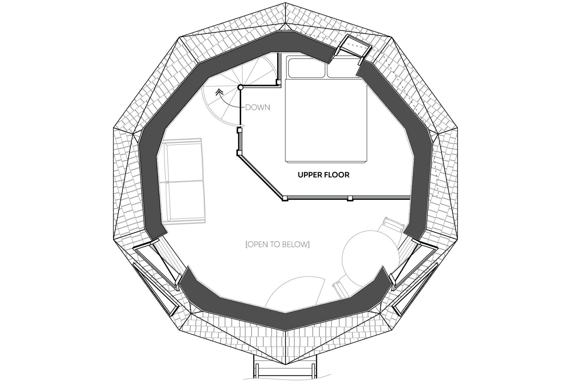 Black and white drawing of the upper floor plan for a mini geodesic home, showcasing a highly space-efficient loft.